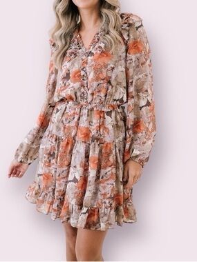 Anthropologie Current Air Orange Cream Tan Gray Floral Ruffle Dress